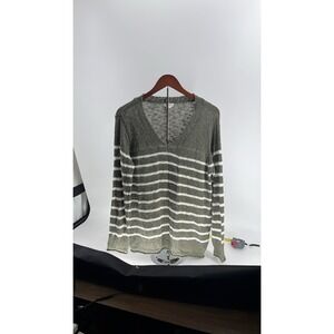 Westport Women Green White Stripe V-Neck Knit Sweater XL